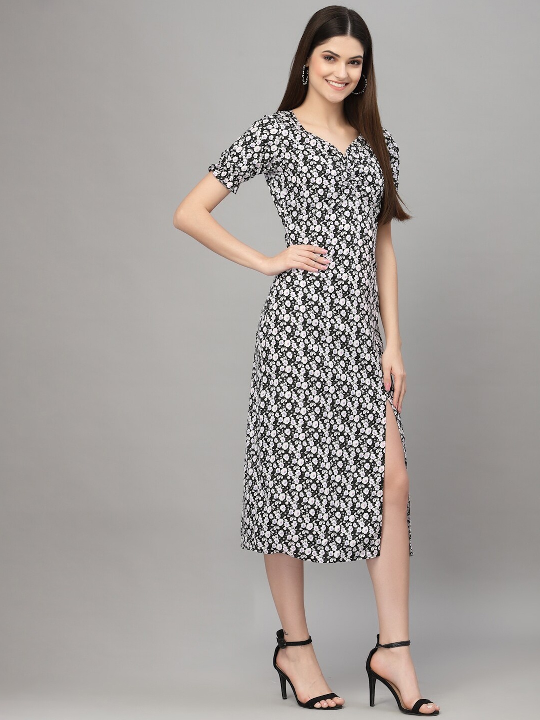 

aayu Floral Crepe A-Line Midi Dress, Black