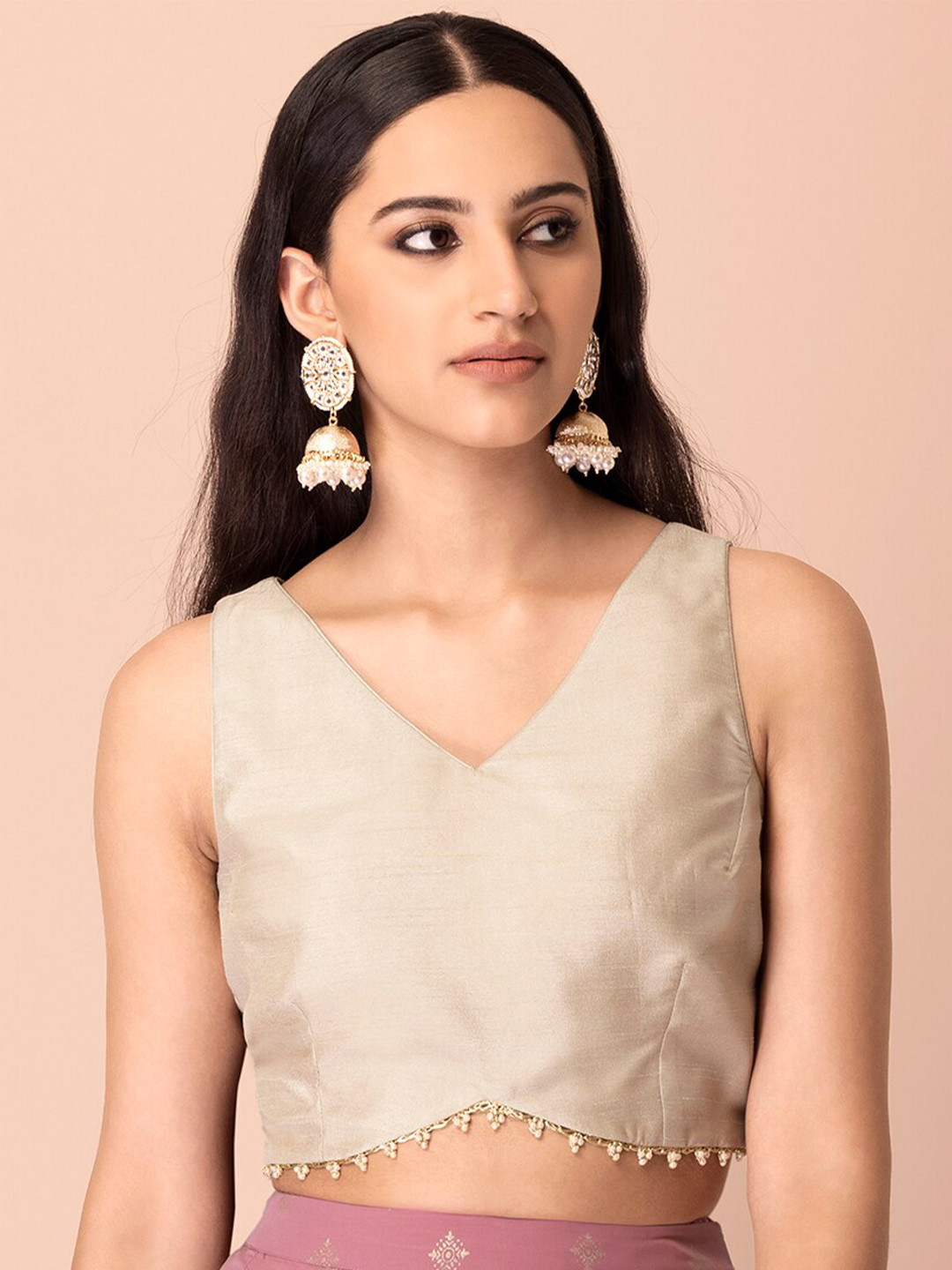 

INDYA V-Neck Beads And Stones Crop Tops, Beige