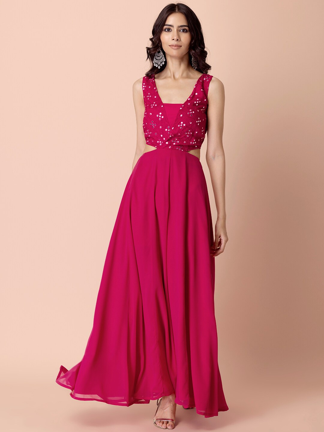 

INDYA Embroidered Sleeveless Cut Out Culotte Jumpsuit, Pink