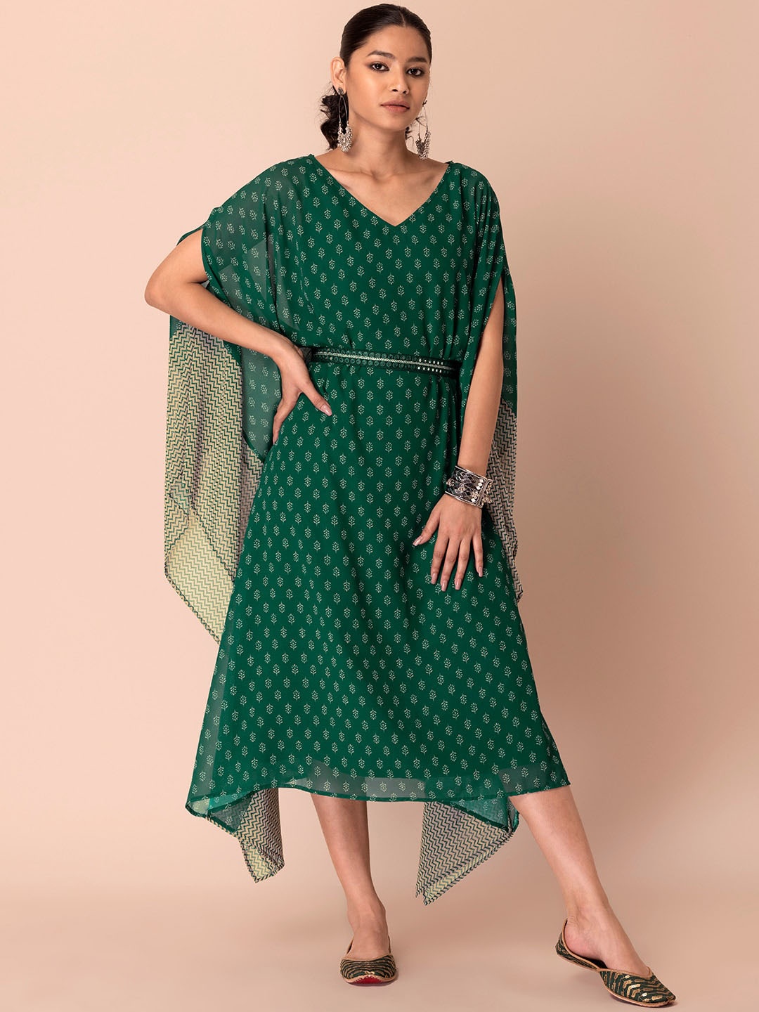 

INDYA Floral Printed Georgette Kaftan Ethnic Dress, Green