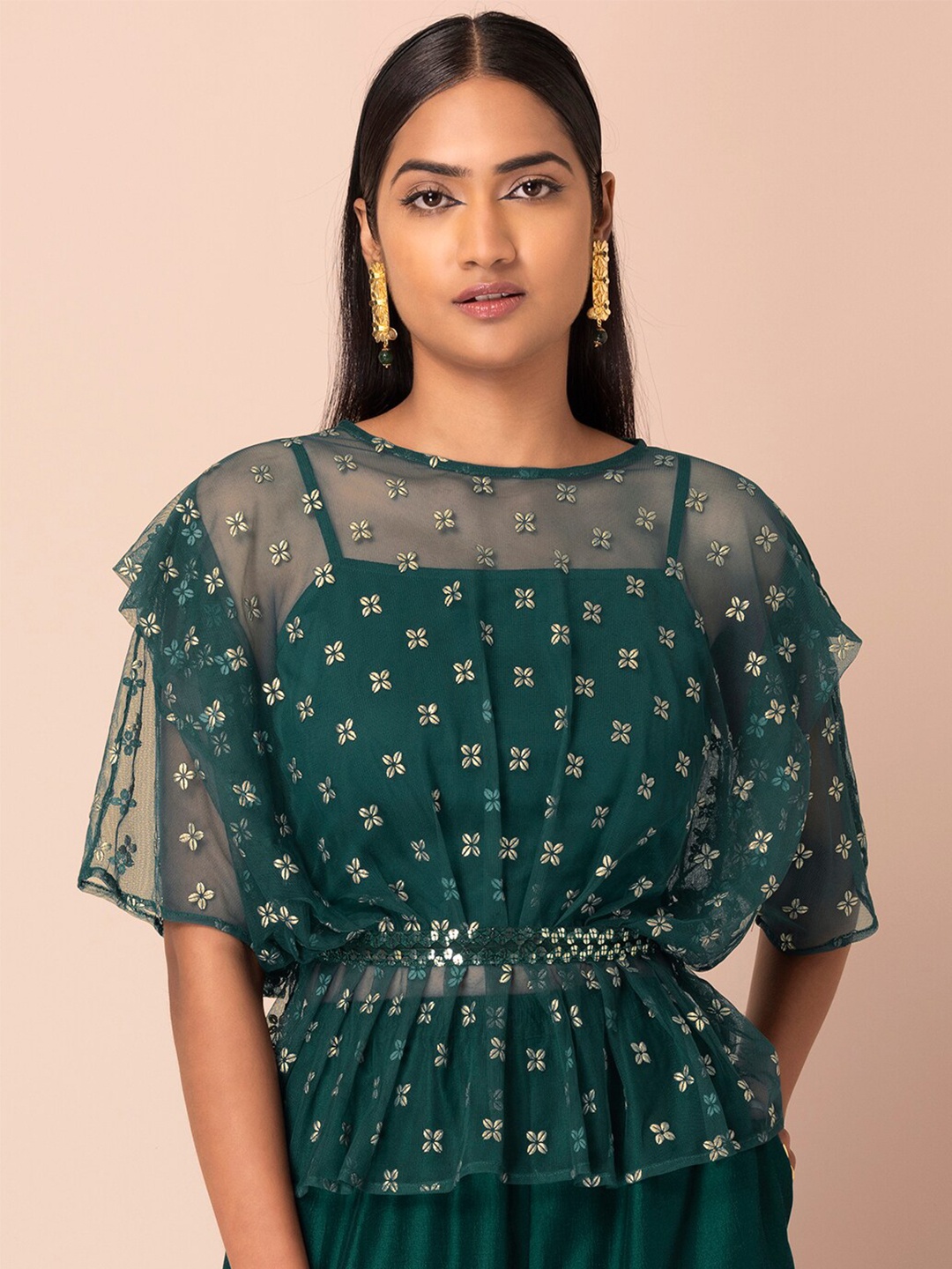 

Rang by Indya Floral Embroidered Cinched Waist Top, Green