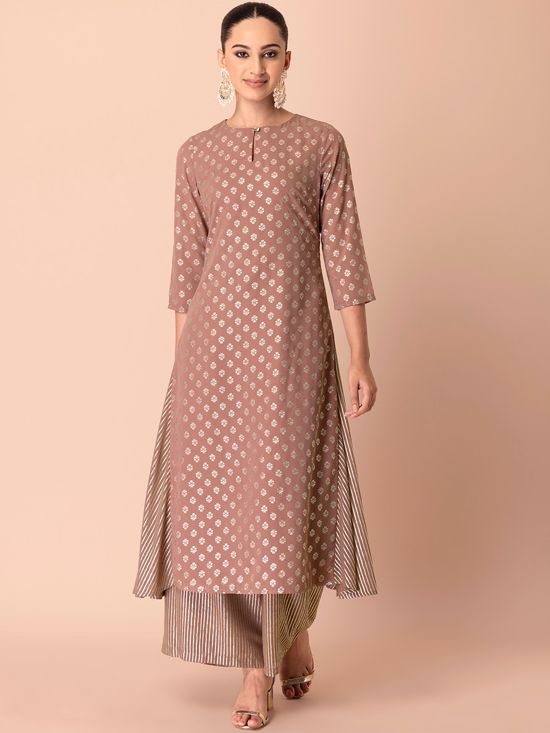 

INDYA Women Ethnic Motifs Printed Panelled Kurta with Palazzos, Mauve