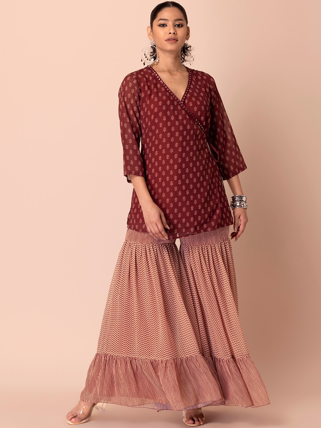 

INDYA V-Neck Floral Printed Kurti With Sharara, Maroon