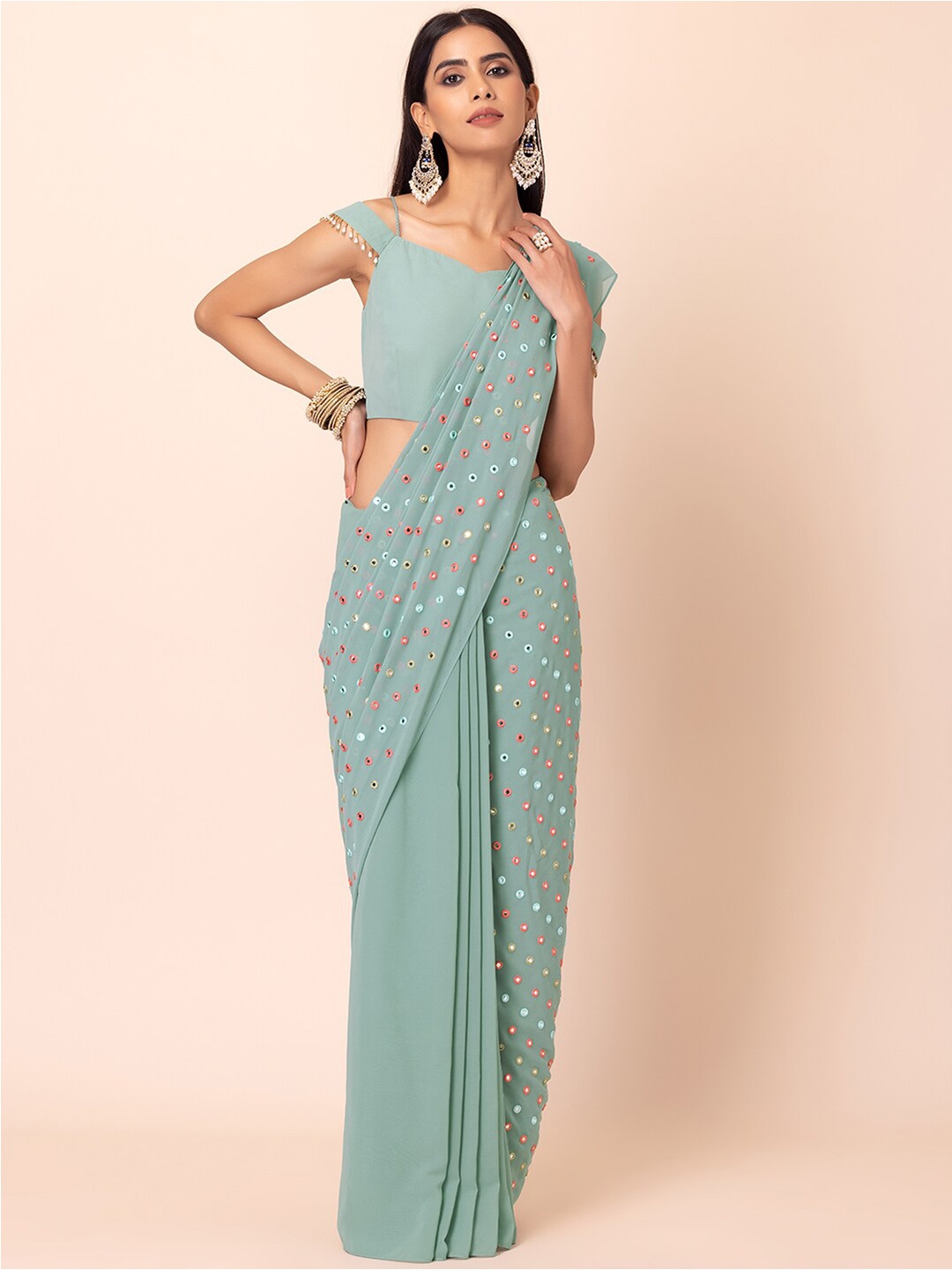 

INDYA Embroidered Mirror Work Saree, Green