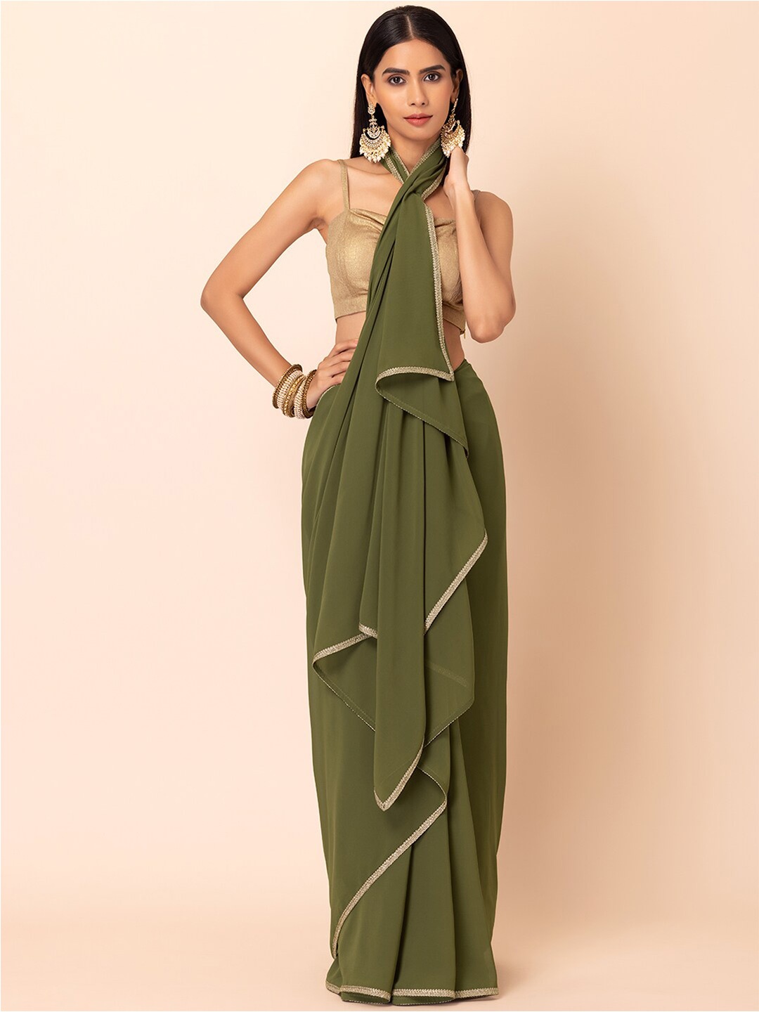 

INDYA Fern Georgette Gotta Patti Saree, Green