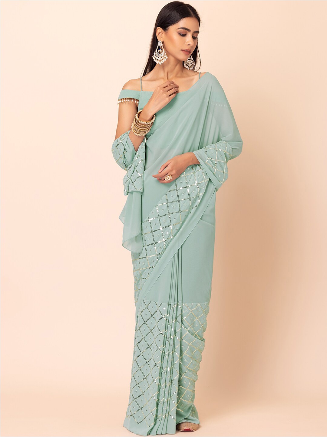 

INDYA Geometric Embroidered Saree With Attached Unstitched Blouse, Sea green
