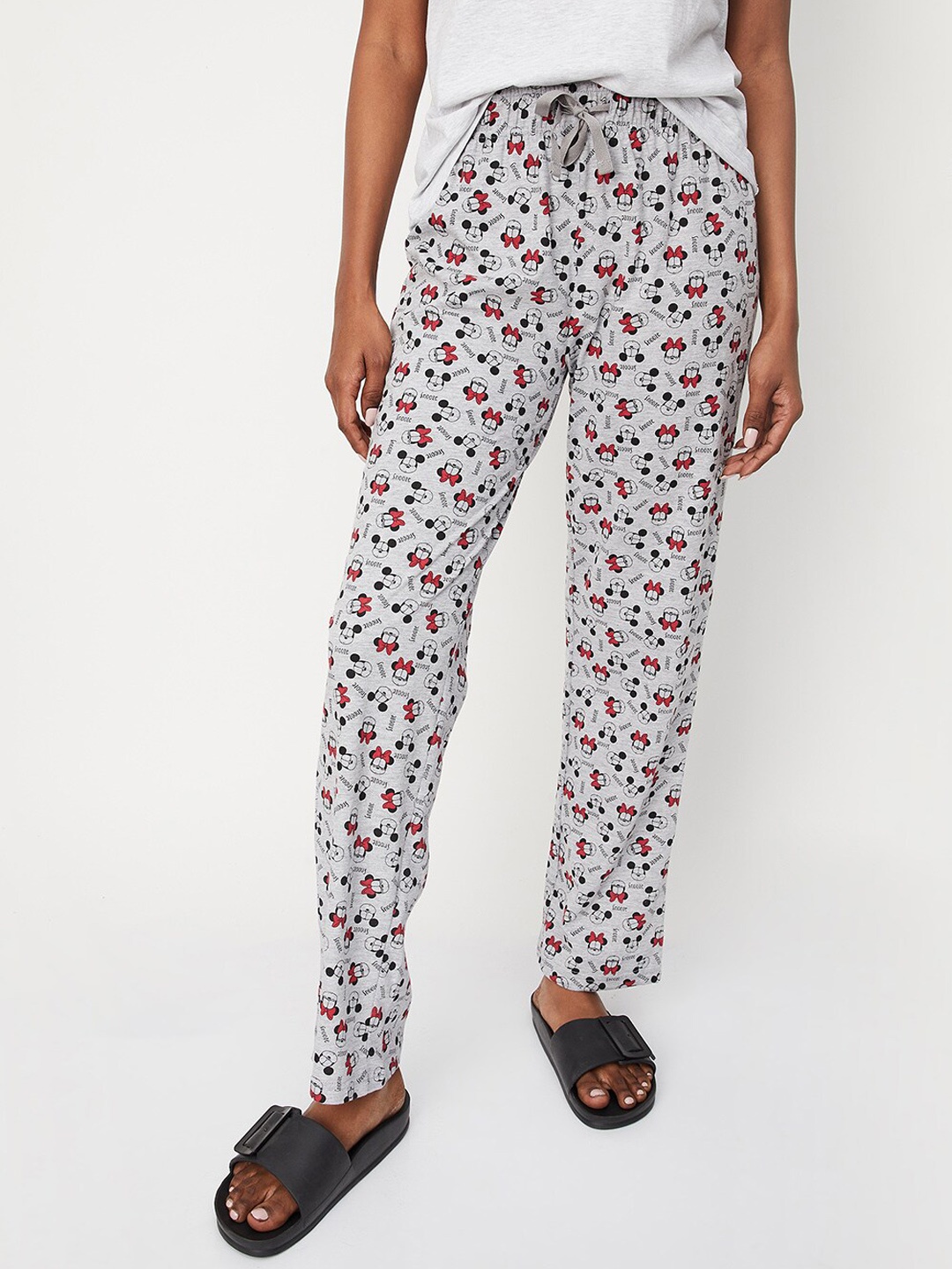 

max Women Mid-Rise Minnie Mouse Printed Cotton Lounge Pants, Grey