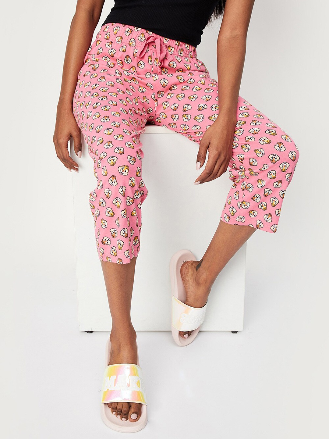 

max Women Chip & Dale Printed Mid Rise Pure Cotton Capris, Pink