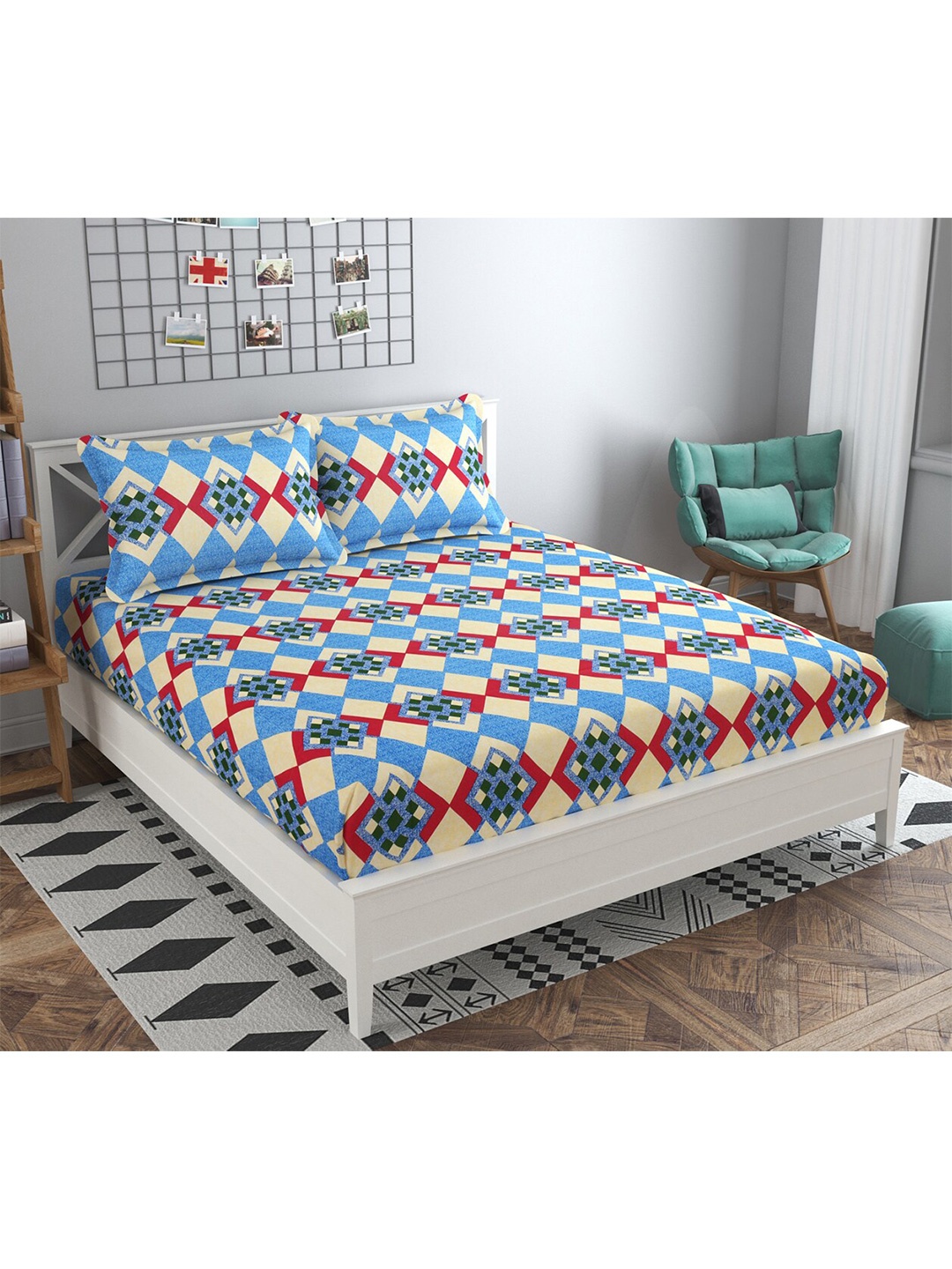 

PRESTO Blue & Cream-Coloured 160 TC Flat Pure Cotton Queen Bedsheet with 2 Pillow Covers