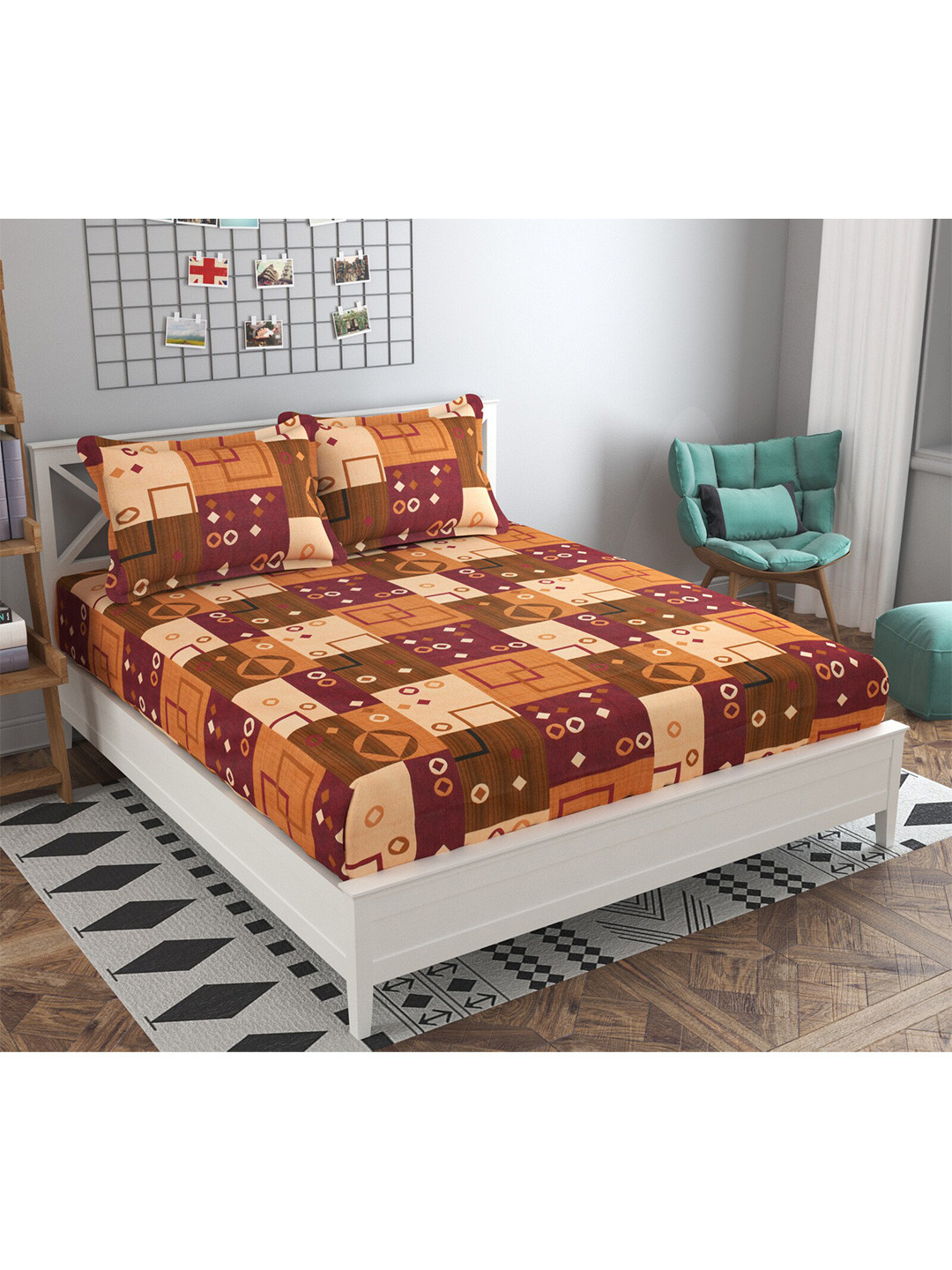 

PRESTO Brown & Maroon Geometric 160 TC Flat Pure Cotton Queen Bedsheet & 2 Pillow Covers