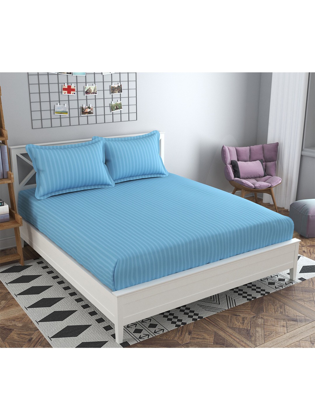 

PRESTO Blue Striped 210 TC Pure Cotton Flat King Bedsheet with 2 Pillow Covers