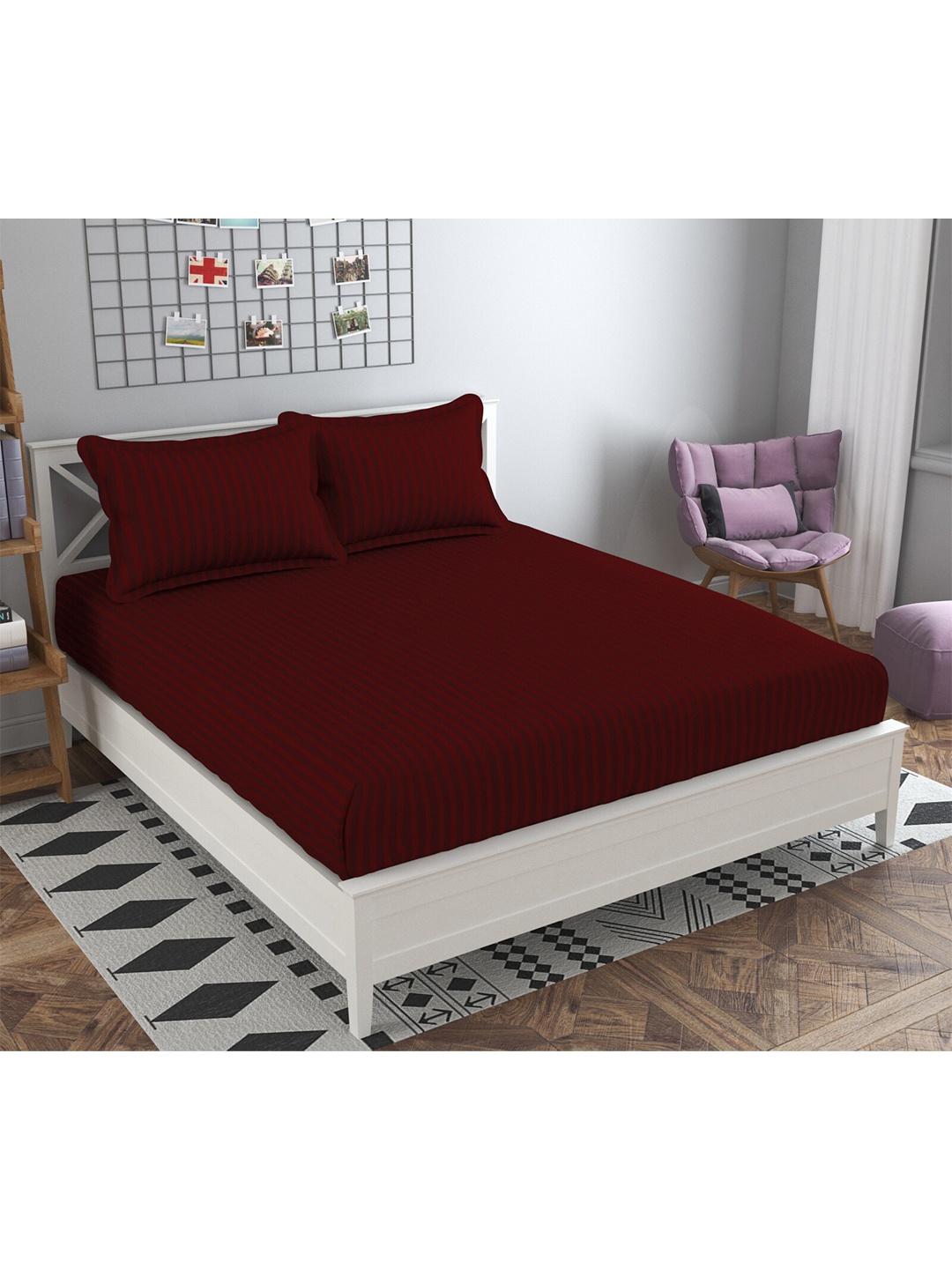 

PRESTO Maroon Striped 160 TC Flat Pure Cotton King Bedsheet with 2 Pillow Covers