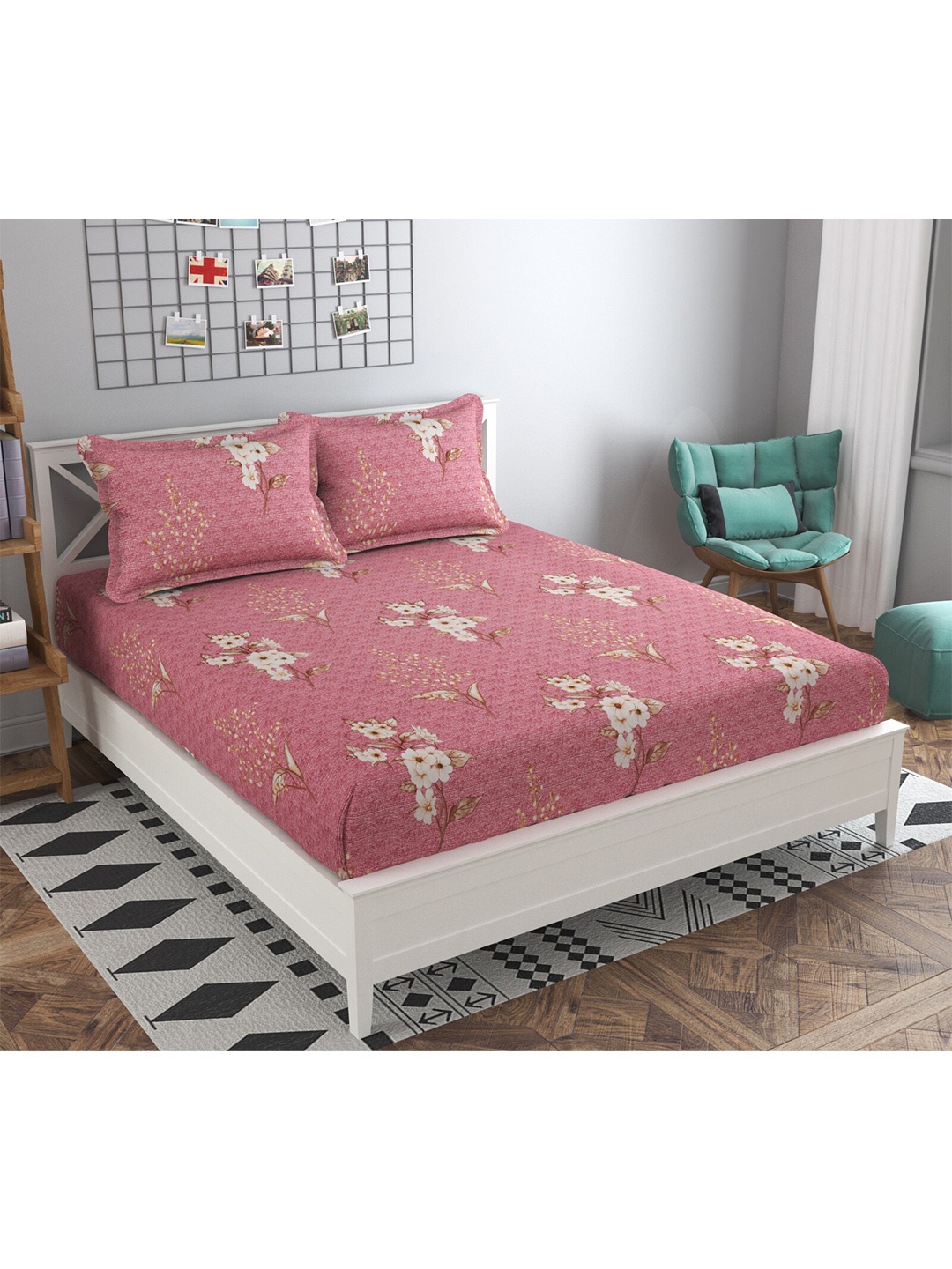 

PRESTO Pink & White Floral 160 TC Flat Pure Cotton Queen Bedsheet with 2 Pillow Covers