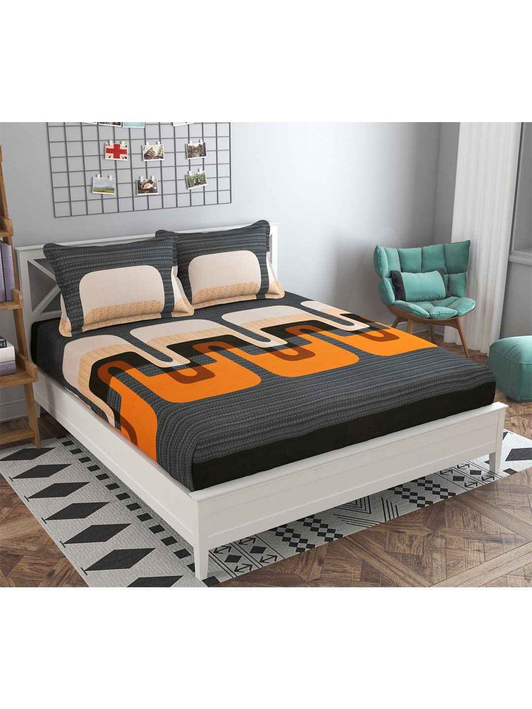 

PRESTO Grey & Orange 160 TC Flat Pure Cotton Queen Bedsheet with 2 Pillow Covers