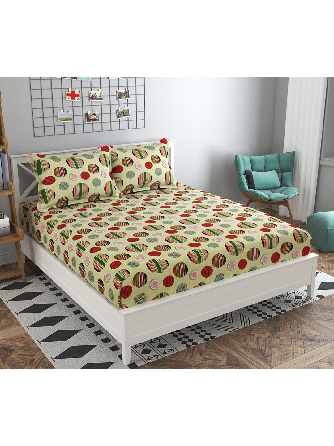 

PRESTO Yellow & Red Geometric 160 TC Flat Pure Cotton Queen Bedsheet with 2 Pillow Covers