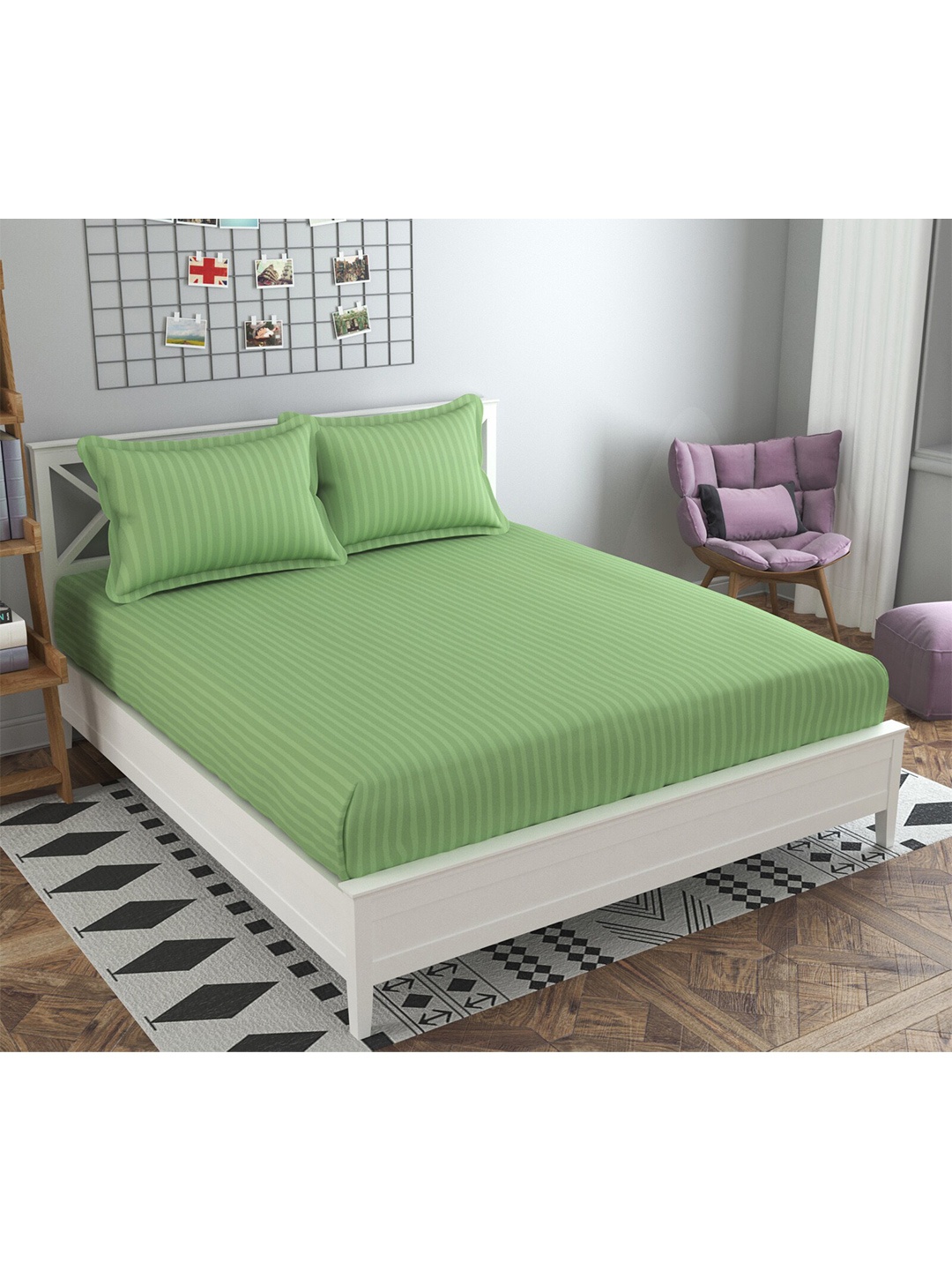 

PRESTO Green Striped 160 TC Flat Pure Cotton King Bedsheet with 2 Pillow Covers