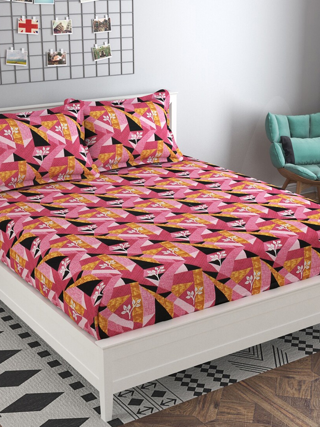 

PRESTO Pink & Yellow Geometric 160 TC Pure Cotton Flat Queen Bedsheet with 2 Pillow Covers