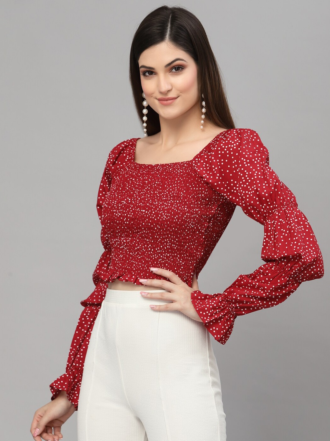 

aayu Printed Smocked Crop Top, Red