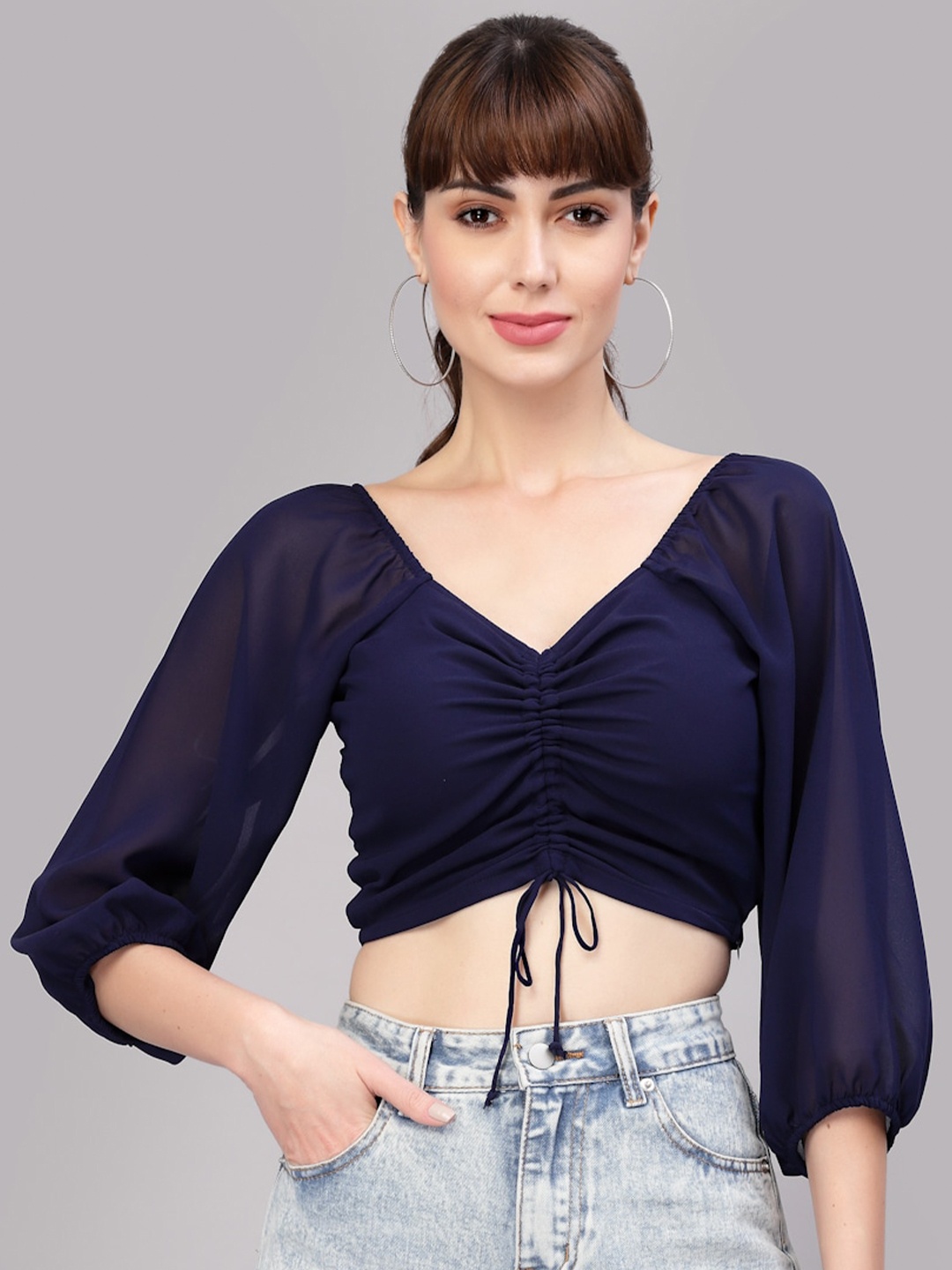 

aayu V-Neck Fitted Puff Sleeves Georgette Crop Top, Navy blue