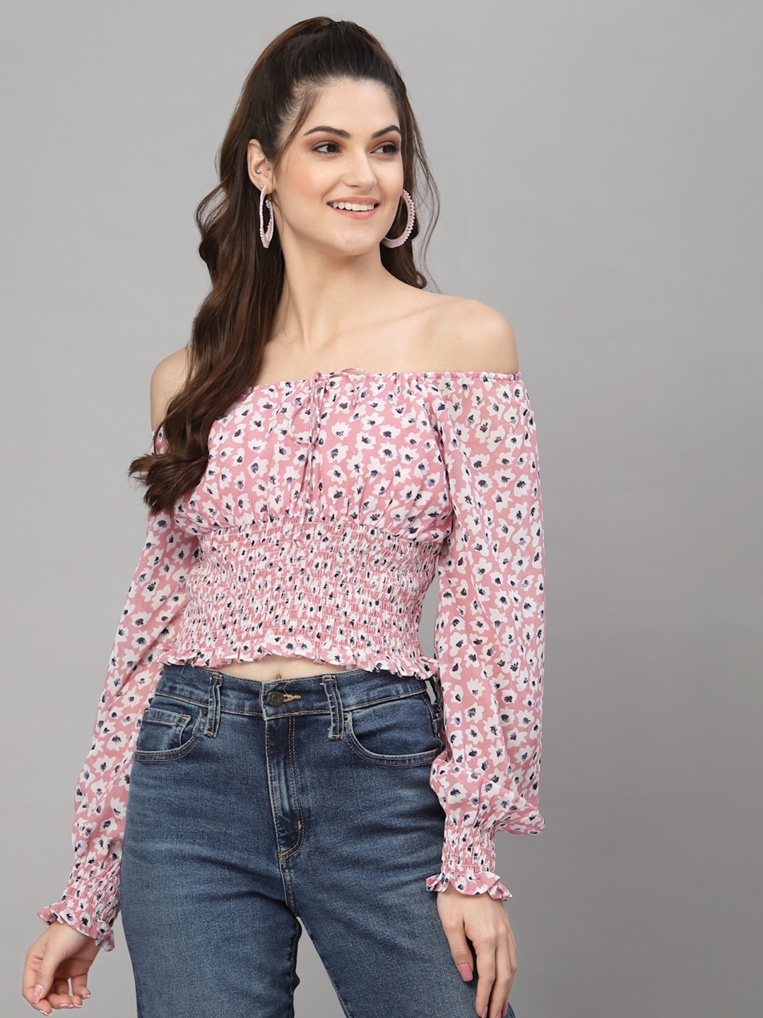 

aayu Floral Printed Off-Shoulder Georgette Crop Top, Pink