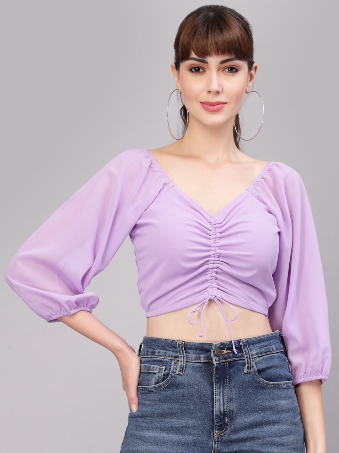 

aayu Puff Sleeves Ruched Crop Fitted Top, Lavender