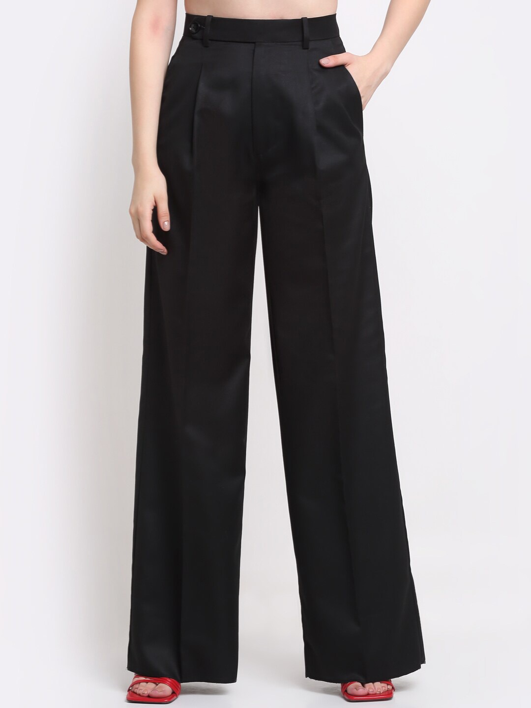 

Ennoble Women Smart Straight Fit High-Rise Easy Wash Pleated Trousers, Black