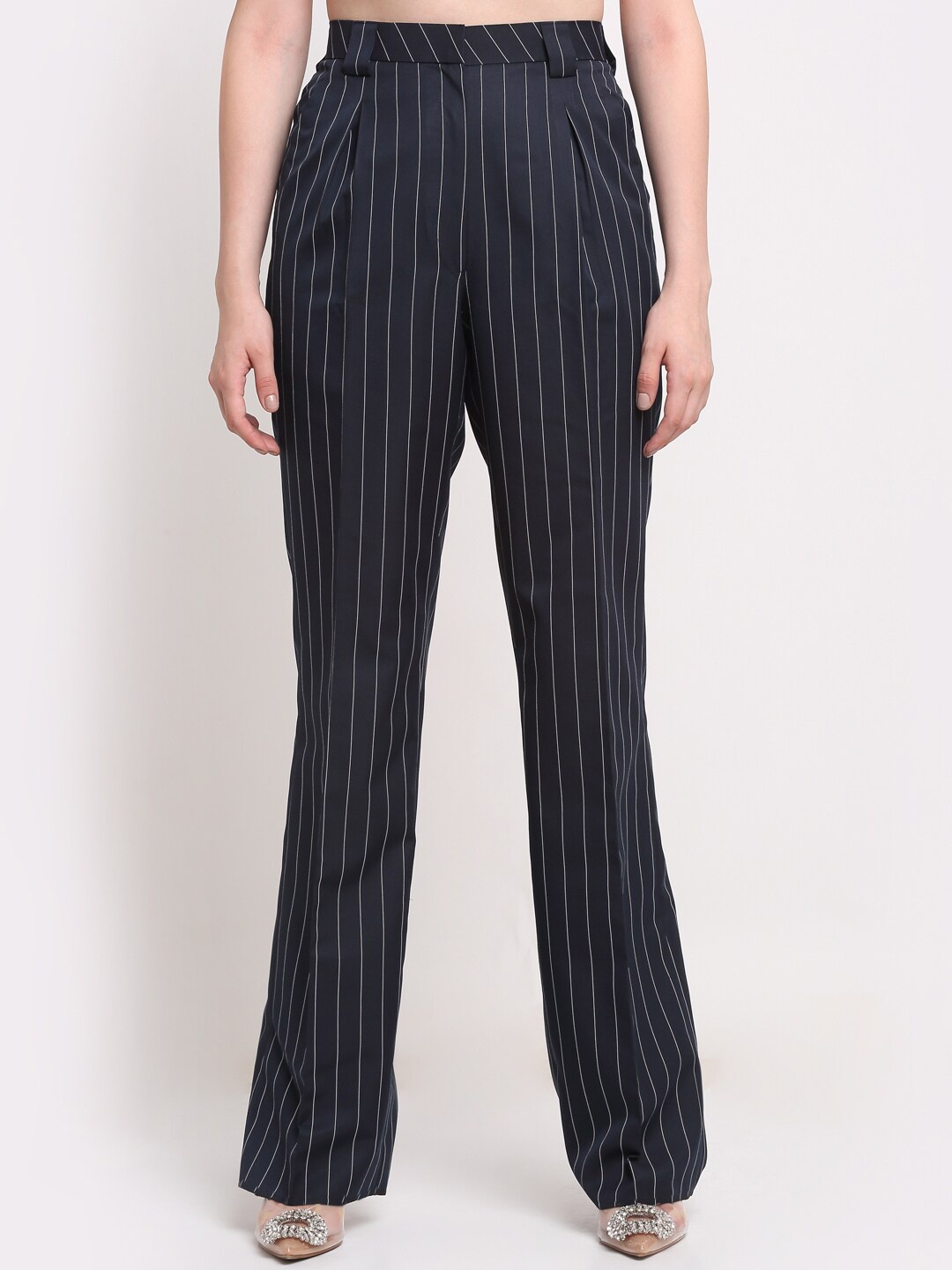 

Ennoble Women Striped Smart High Waist Easy Wash Acrylic Parallel Trousers, Black