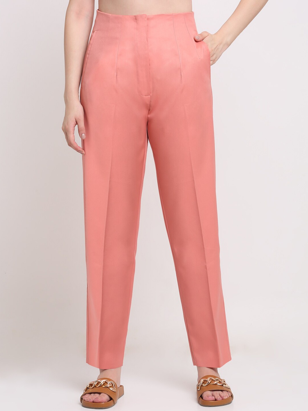 

Ennoble Women Smart High-Rise Acrylic Easy Wash Parallel Trousers, Peach