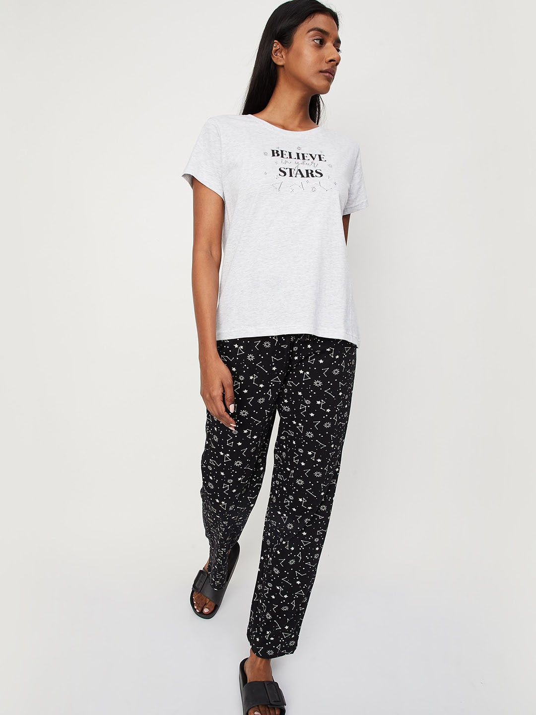 

max Women Geometric Printed Night Suit, Grey melange