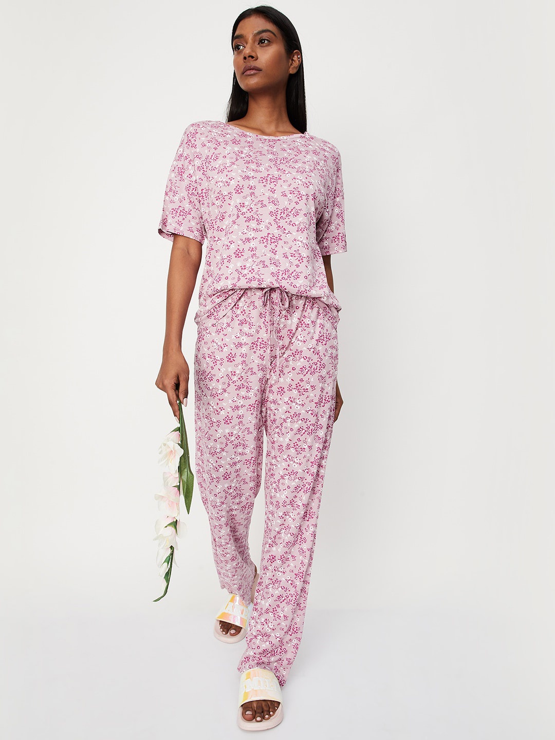 

max Women Floral Printed Pure Cotton Night Suit, Purple