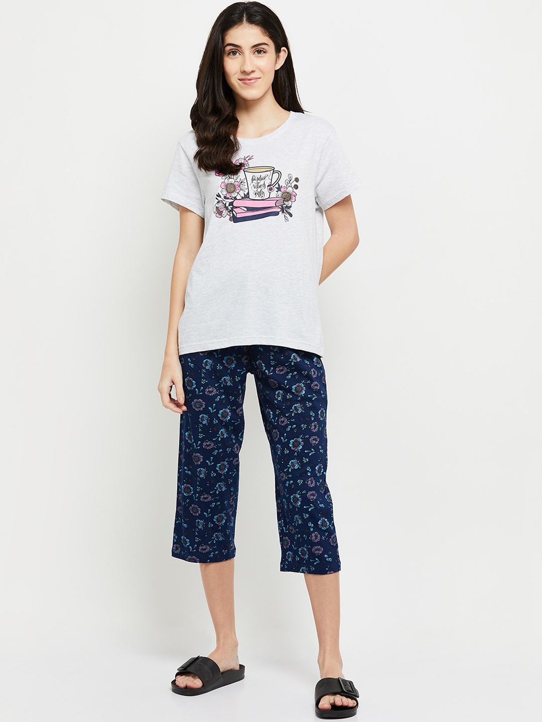 

max Women Floral Printed Night Suit, Grey melange