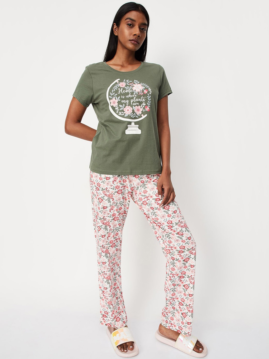 

max Women Floral Printed Pure Cotton Night Suit, Olive