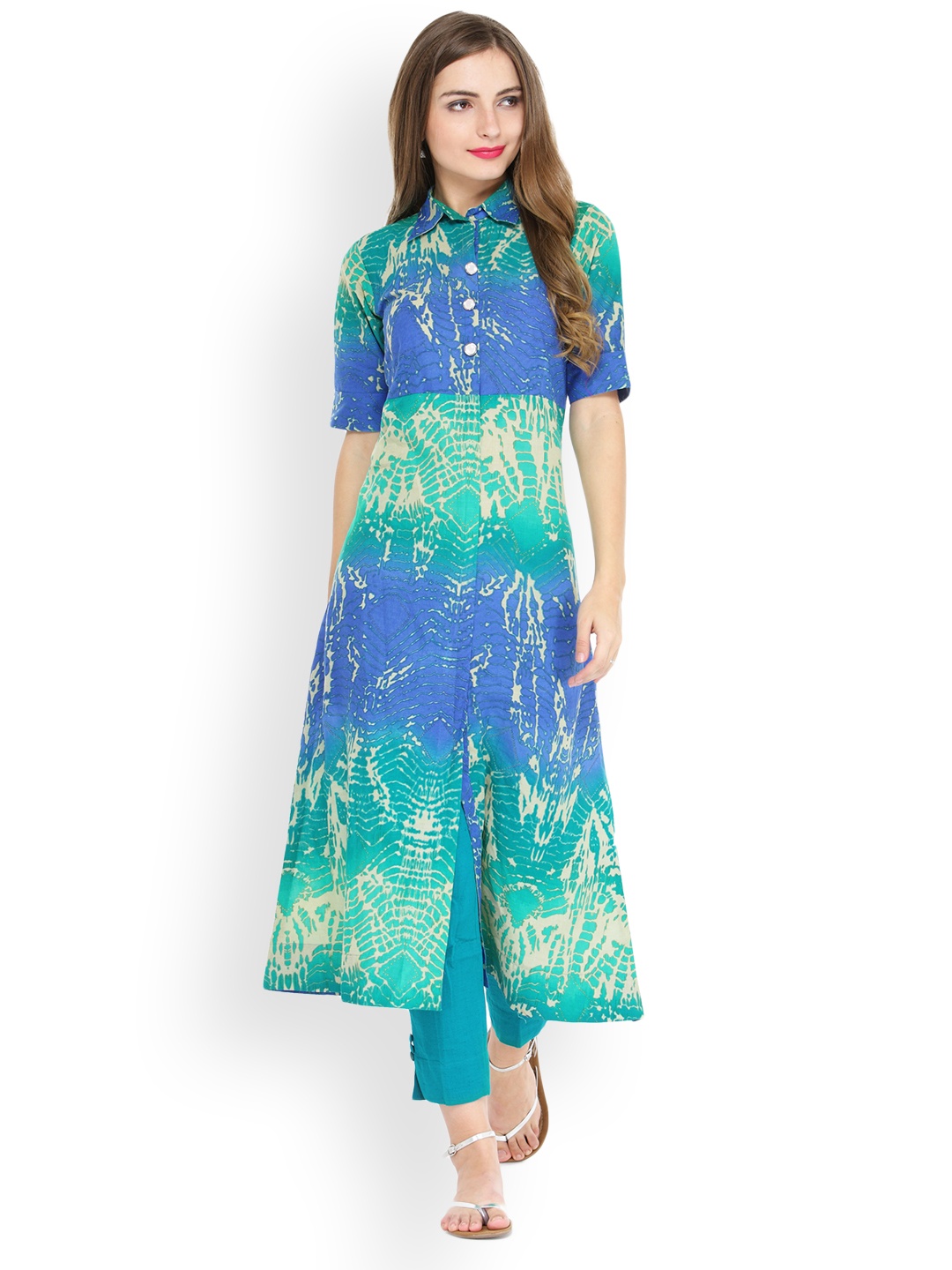 

Indibelle Women Blue & Green Printed Pathani Kurta