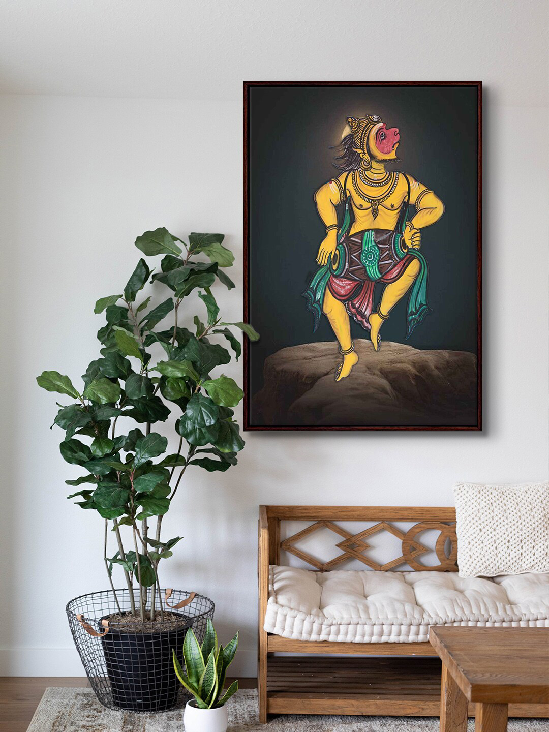 

999Store Yellow & Brown Lord hanuman Framed Wall Art