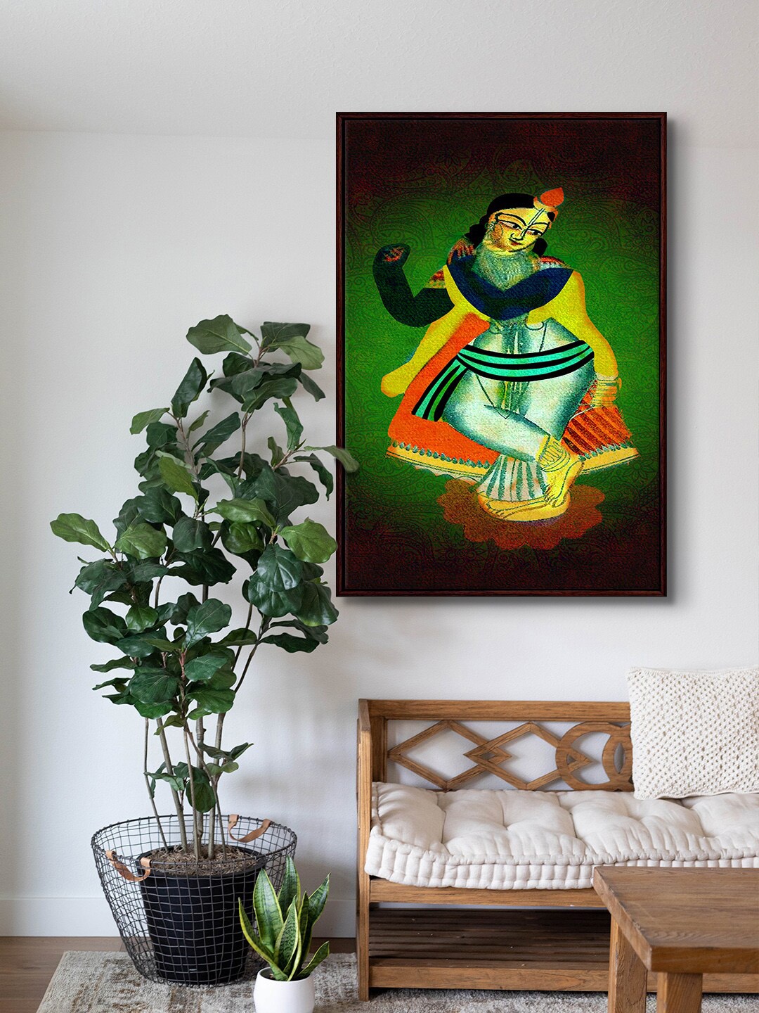 

999Store Green & Yellow Radhe Krishna Painting Framed Wall Art