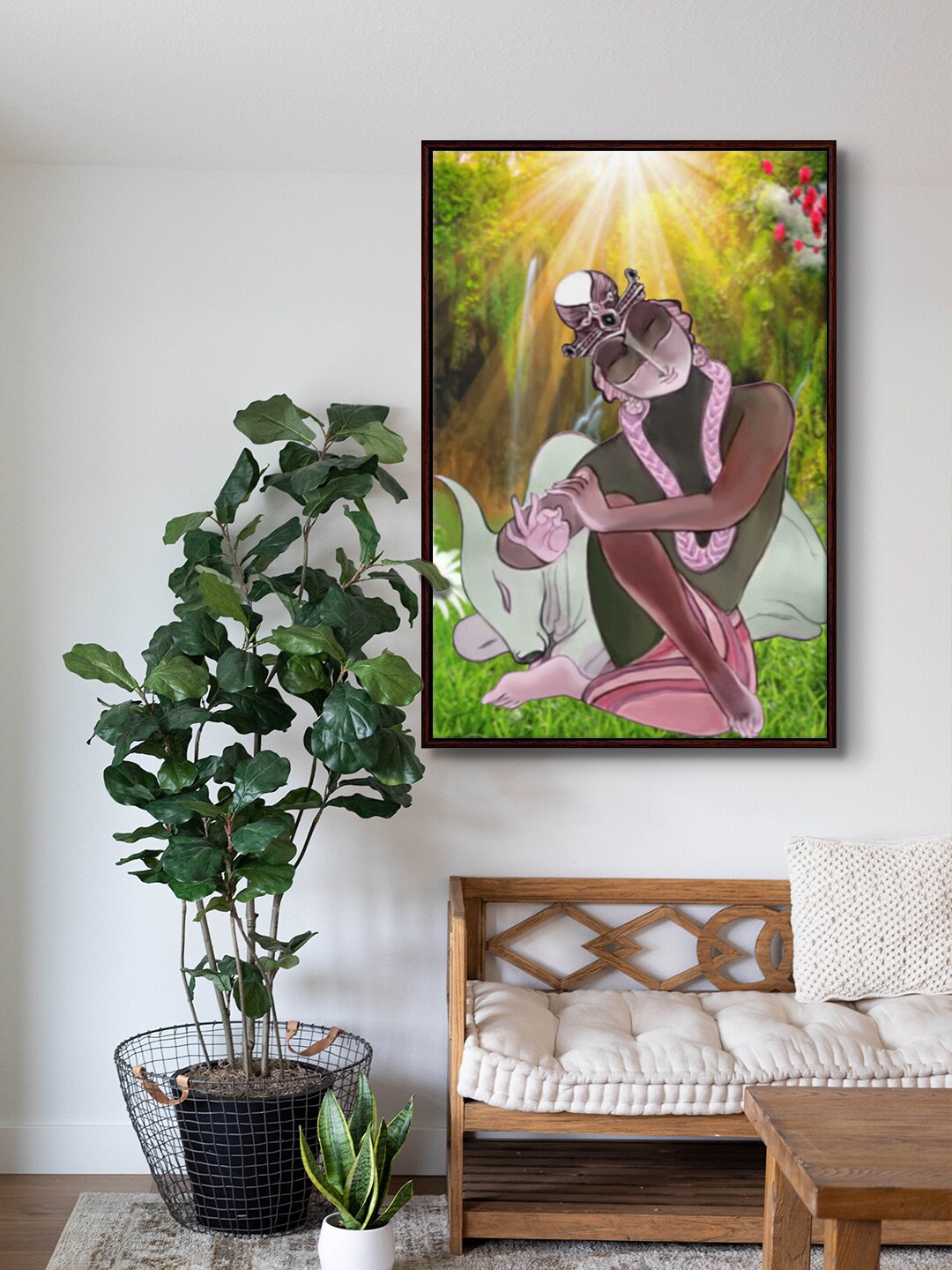 

999Store Lord Krishna Sitting With Cow Painting Framed Wall Art, Green