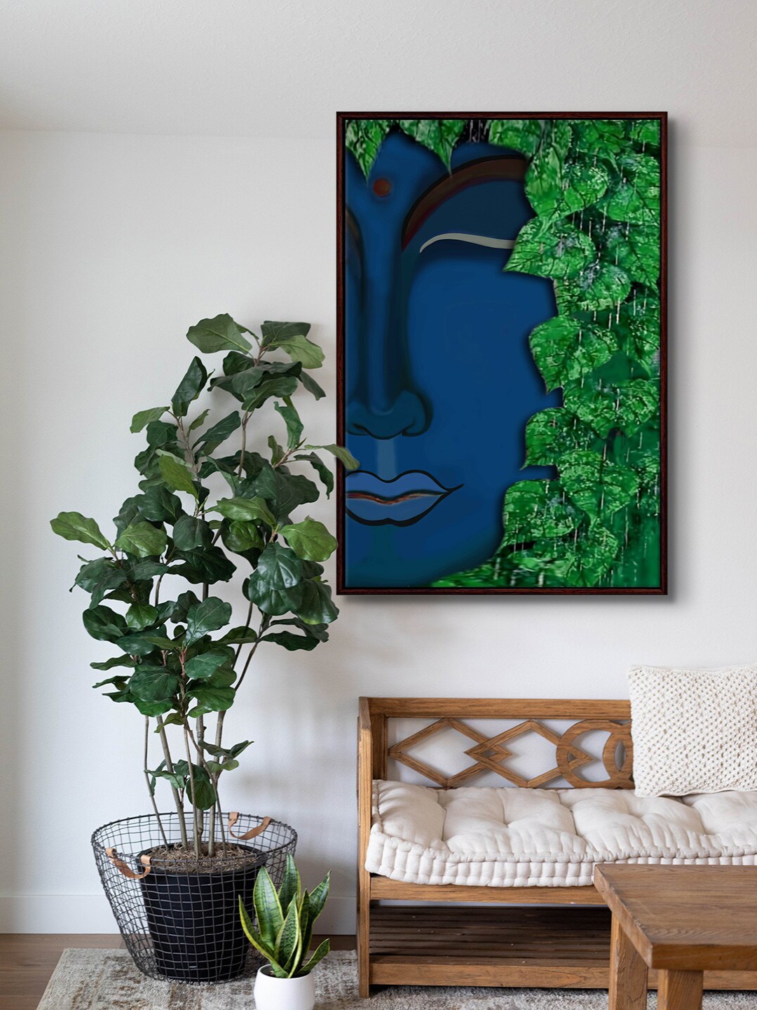 

999Store Blue & Green Half Face Of Buddha With Leaf Modern Painting Wall Art