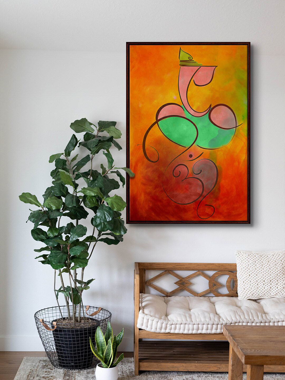 

999Store Brown & Yellow Lord Ganesha Abstract Canvas Framed Painting Wall Art