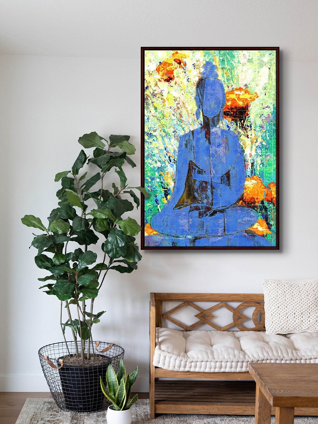 

999Store Blue & Green Lord Buddha Printed Framed Painting Wall Art