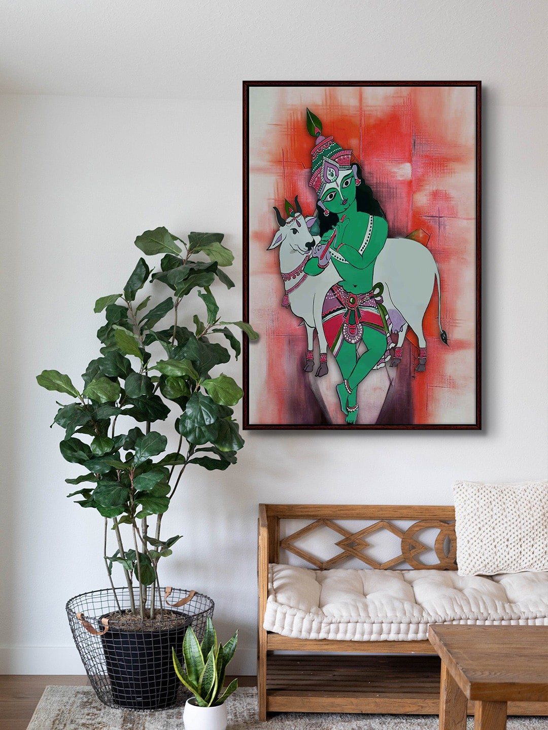 

999Store Green & Orange Baby Krishna Framed Painting Wall Art