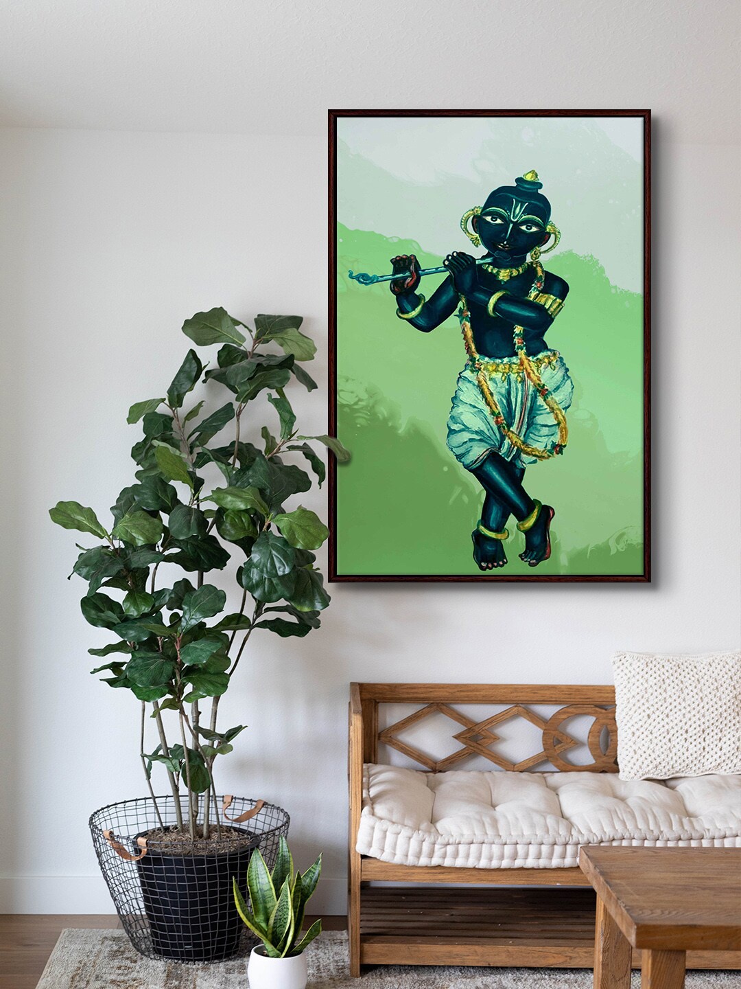 

999Store Green & Blue Lord Krishna Playing Flute Framed Painting Wall Art