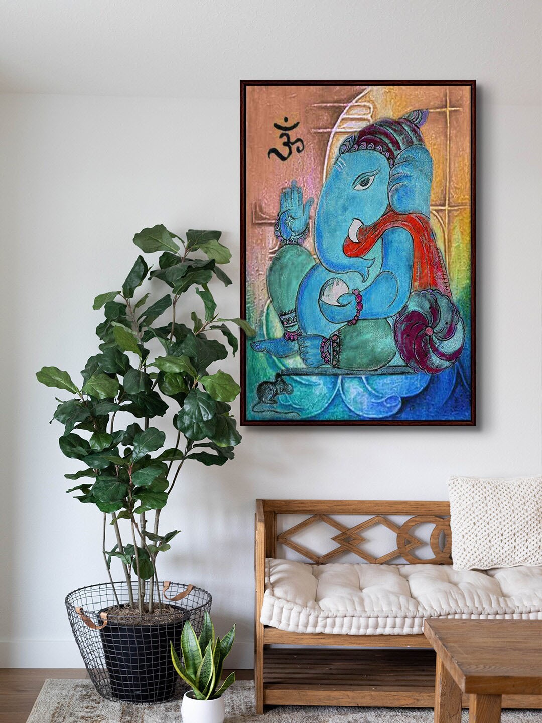 

999Store Brown & Blue Lord Ganesha With Om Symbol Canvas Framed Painting Wall Art