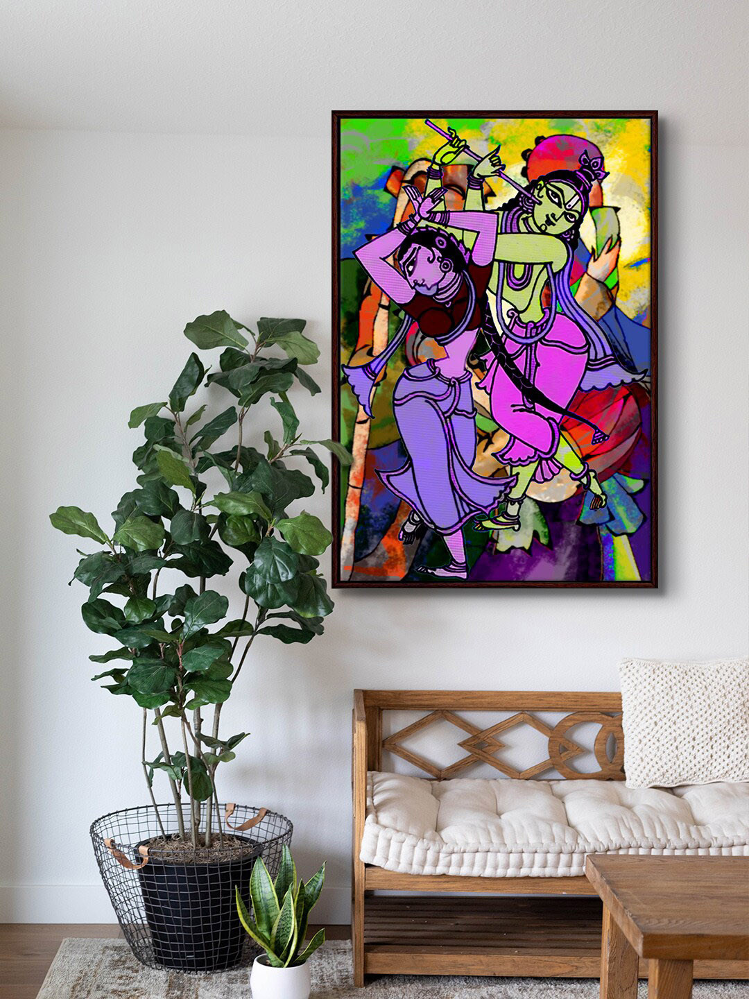

999Store Purple & Black Radha Krishna Playing Flute Painting Frame Wall Art