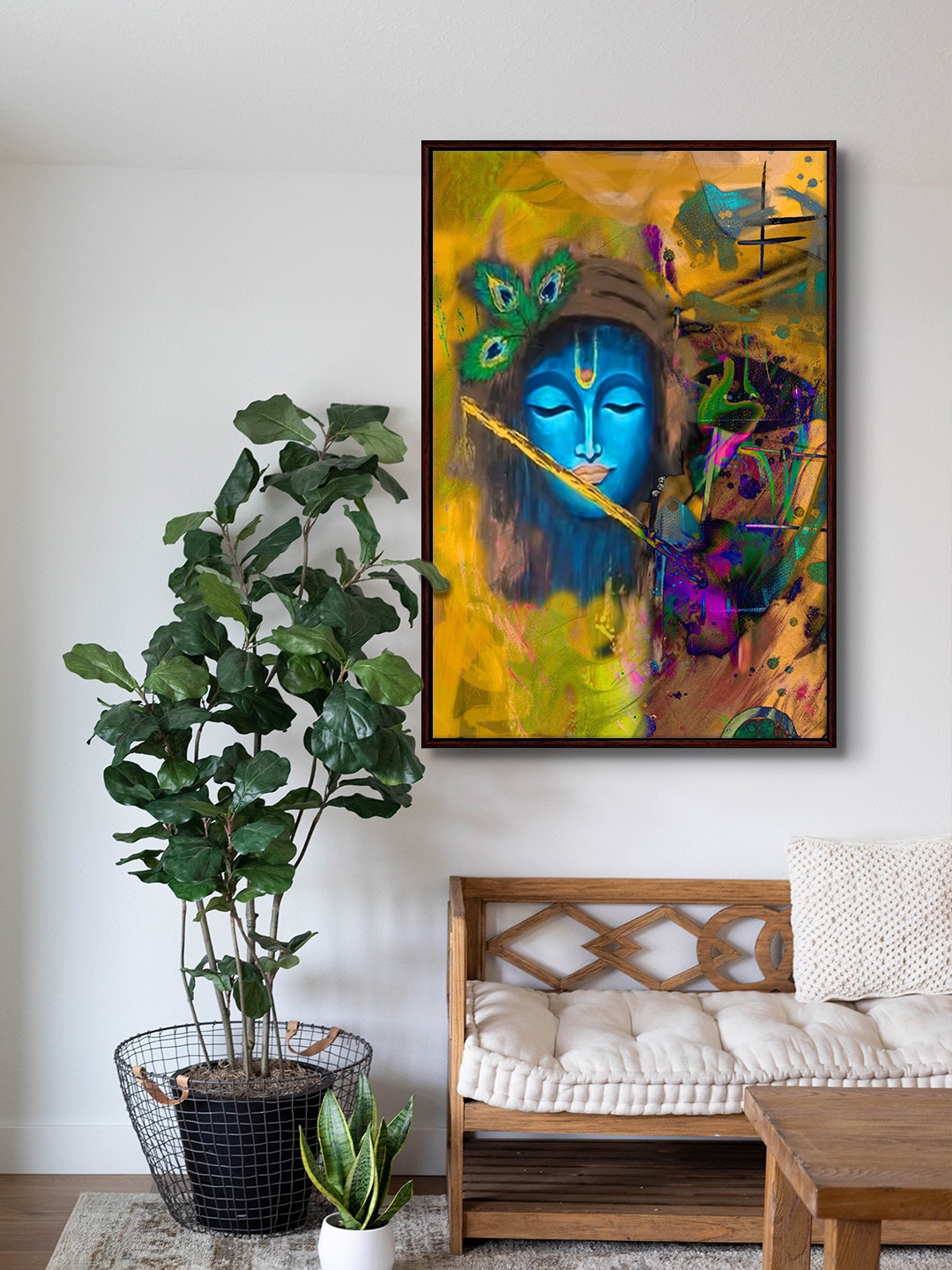 

999Store Blue & Yellow Lord Krishna Canvas Art Framed Painting Wall Art