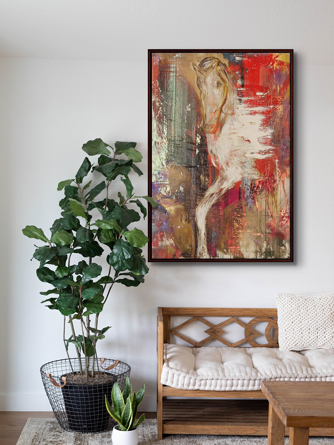 

999Store Brown & Cream Running Horses Abstract Canvas Framed Painting Wall Art