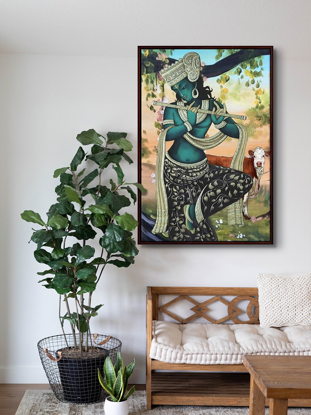 

999Store Green and Blue Lord Krishna Playing Flute With Cow Framed Painting Wall Art