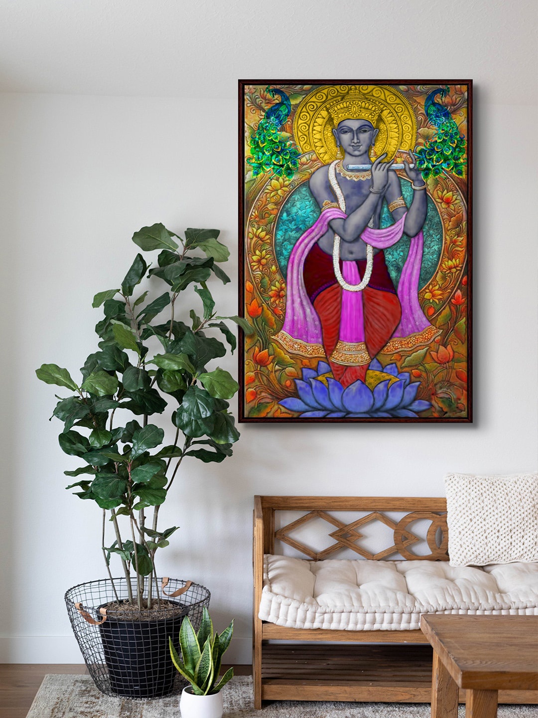 

999Store Yellow & Grey Lord Krishna With Peacock Canvas Framed Painting Wall Art