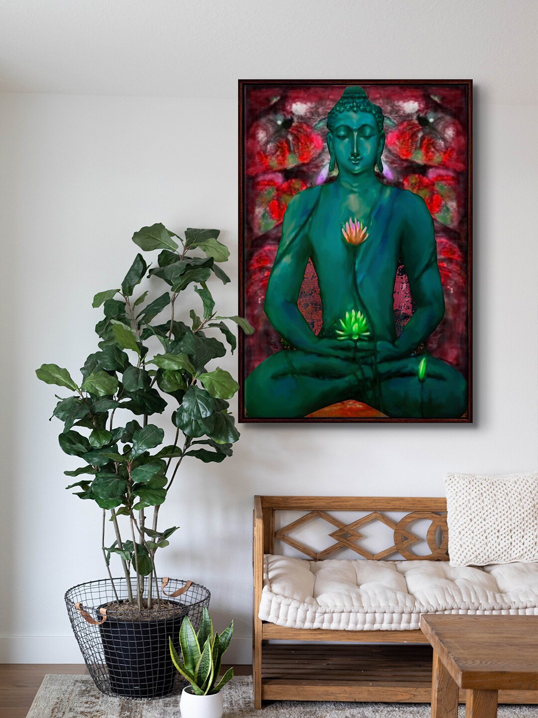 

999Store Red & Green Sitting Lord Buddha Art Canvas Framed Painting Wall Art