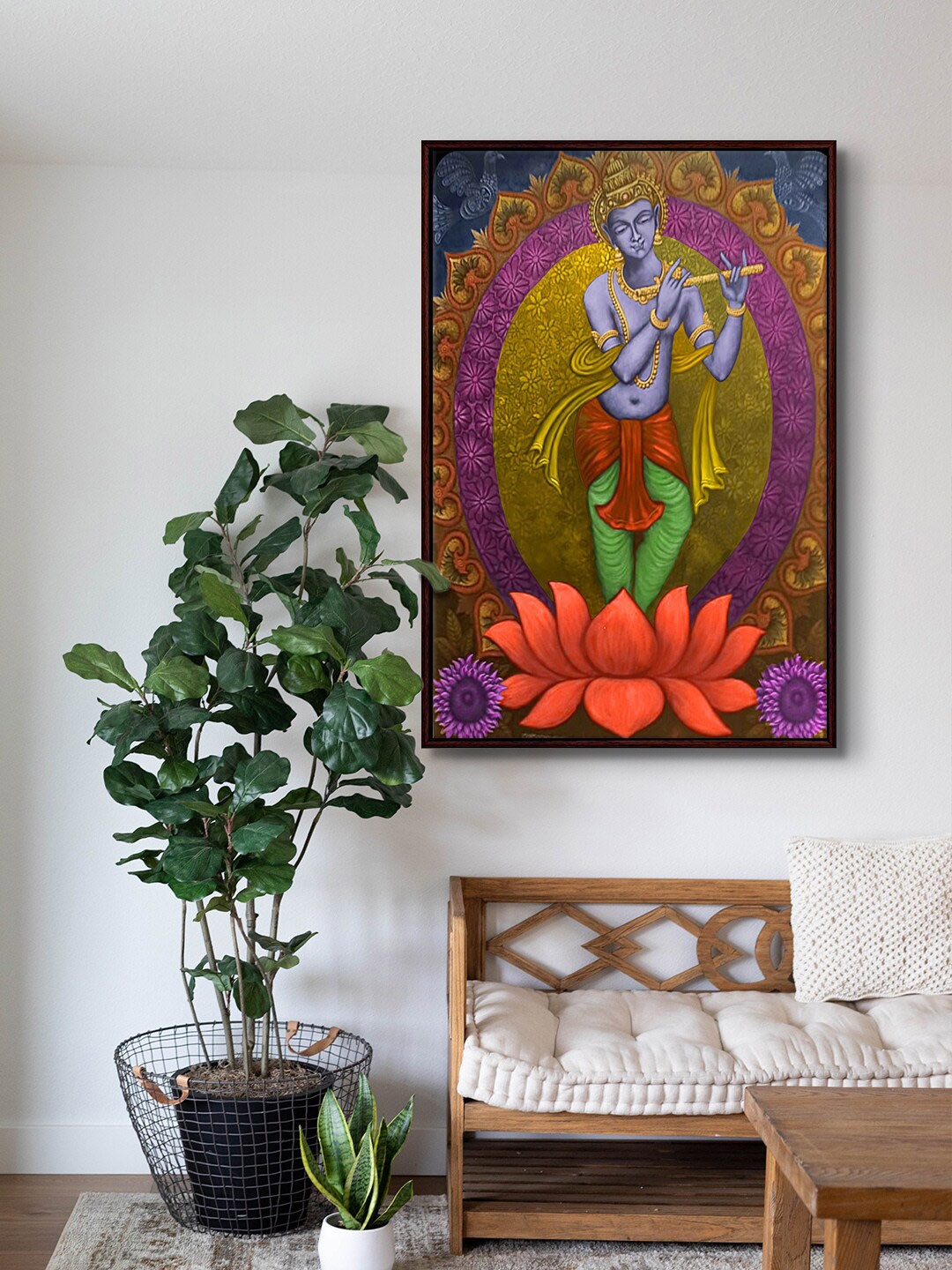 

999Store Golden & Grey Krishna Playing Flute Modern Painting Wall Art, Gold