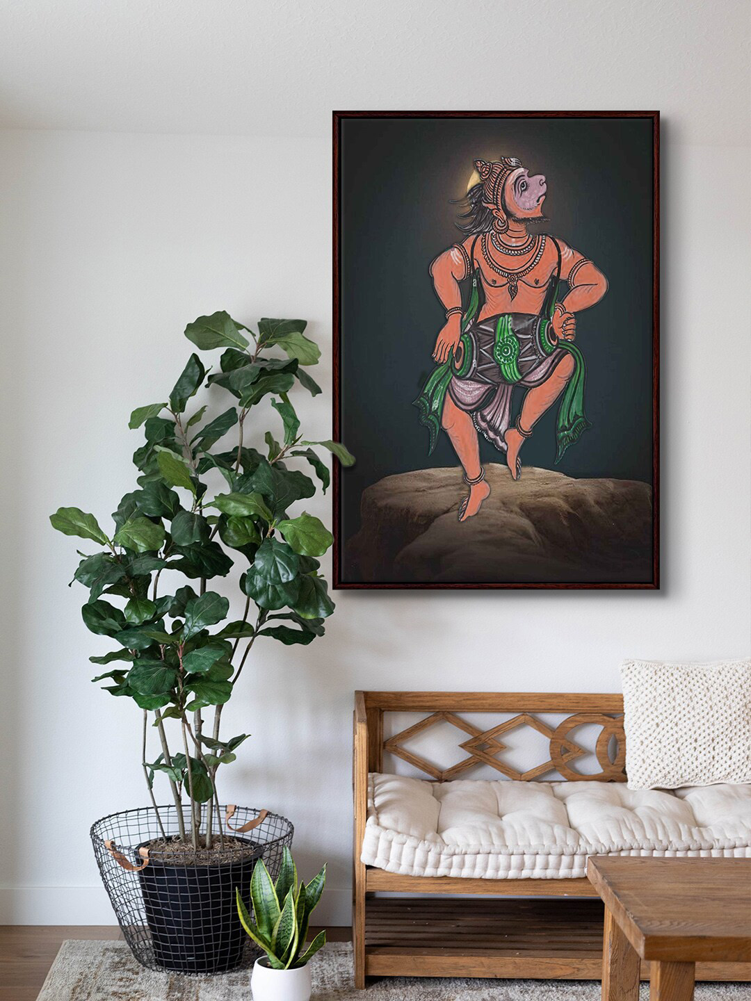 

999Store Brown & Black Lord Hanuman Canvas Framed Painting Wall Art